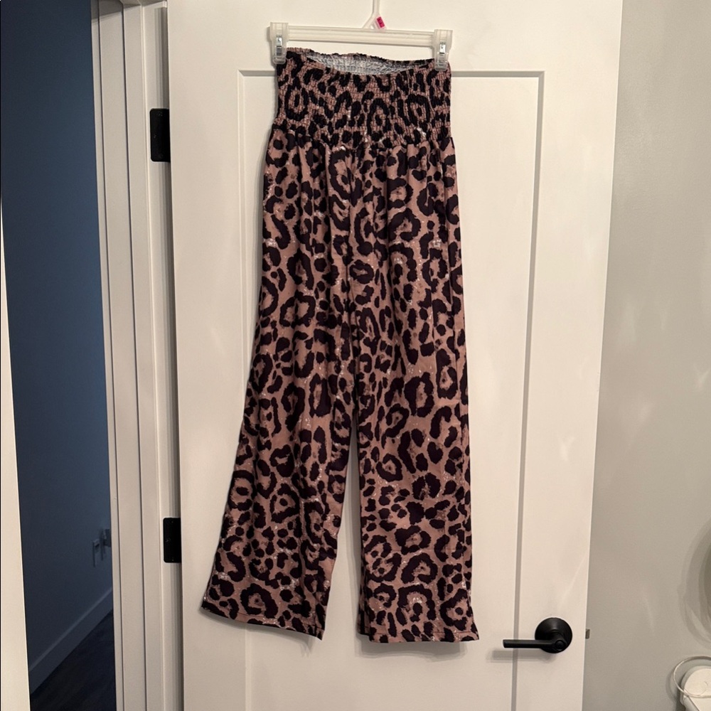 Wide Leg Leopard Print Pants - Taupe/Black